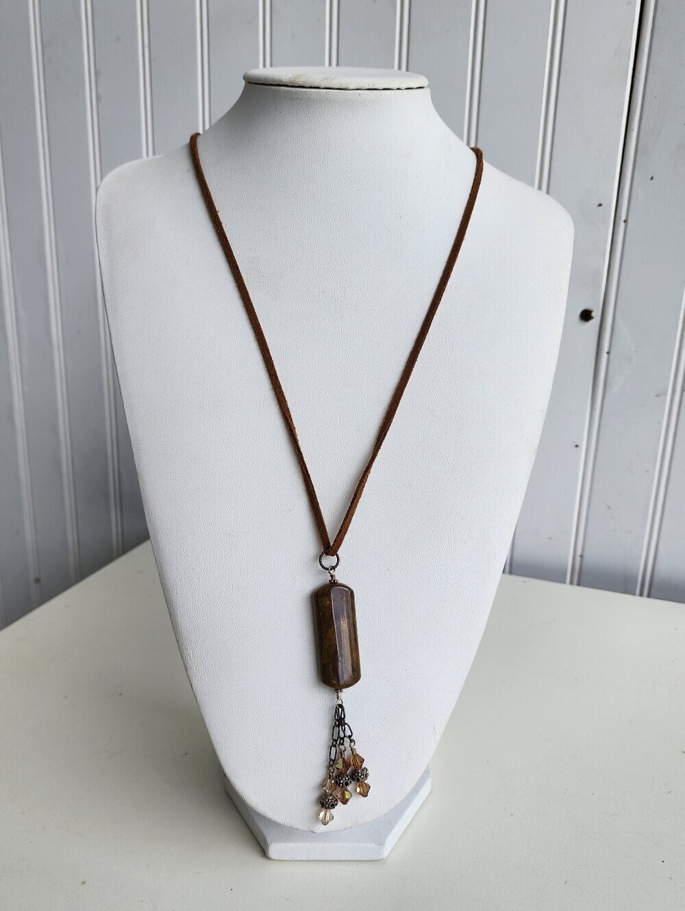 Natural Brown Jasper Crystal Point Stone Pendant Necklace Leather Strap 27"